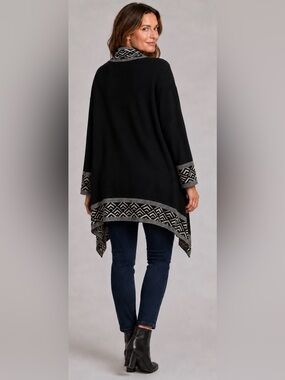 August Silk Women L Open Front Cardigan Black Ivory Southwestern Sweater Jacket